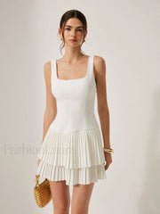 Square Neck Pleated Dress White / XS Dresses