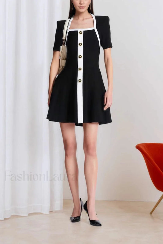 Square Neck Short Sleeve Colorblock Button Work Dress Black / S