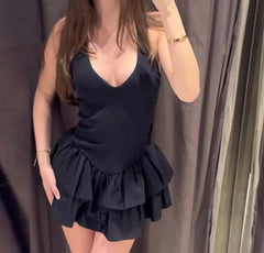 Stacked Ruffle V Neck Mini Dress Black / XS