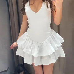 Stacked Ruffle V Neck Mini Dress White / XS