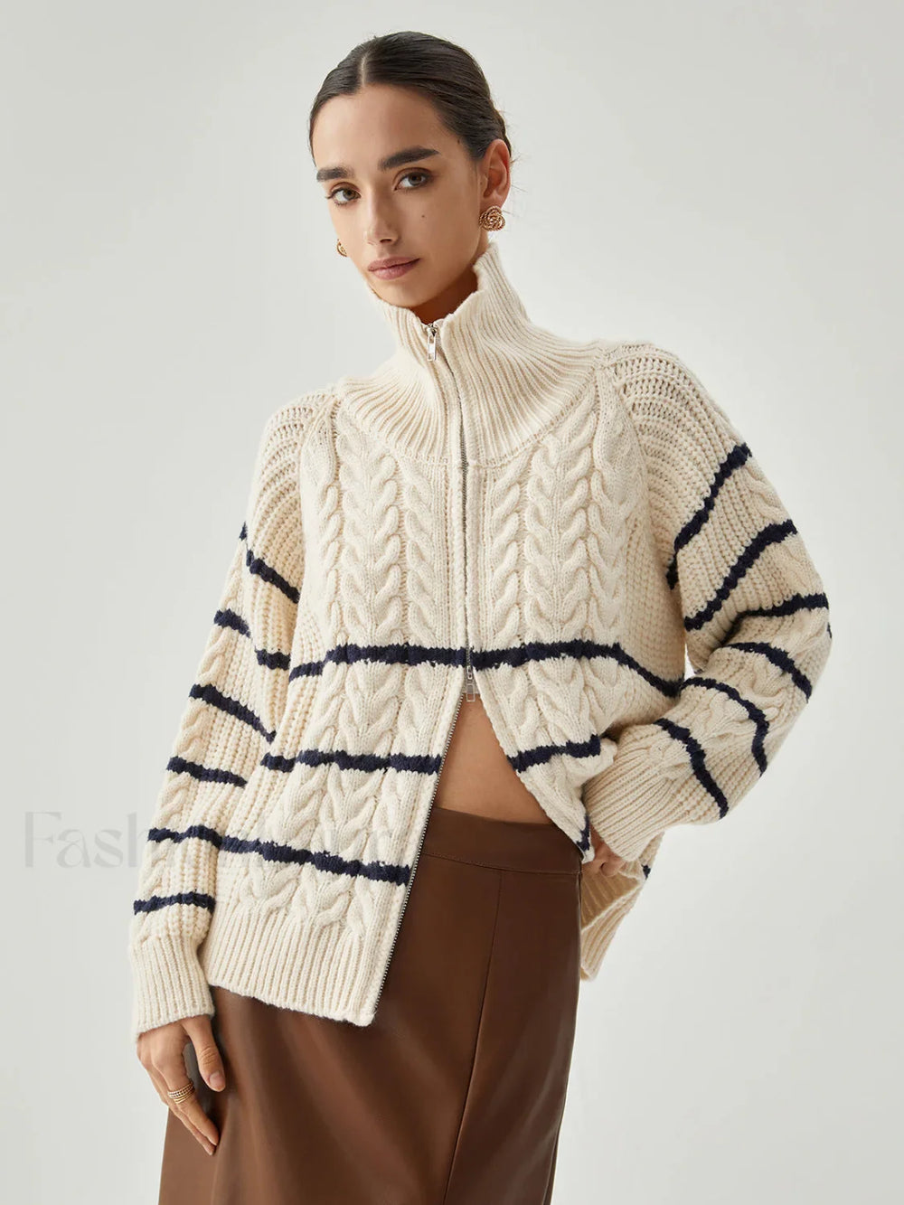 Stand Collar Cable Trendy Knit Stripe Cardigan Apricot / S Sweaters L