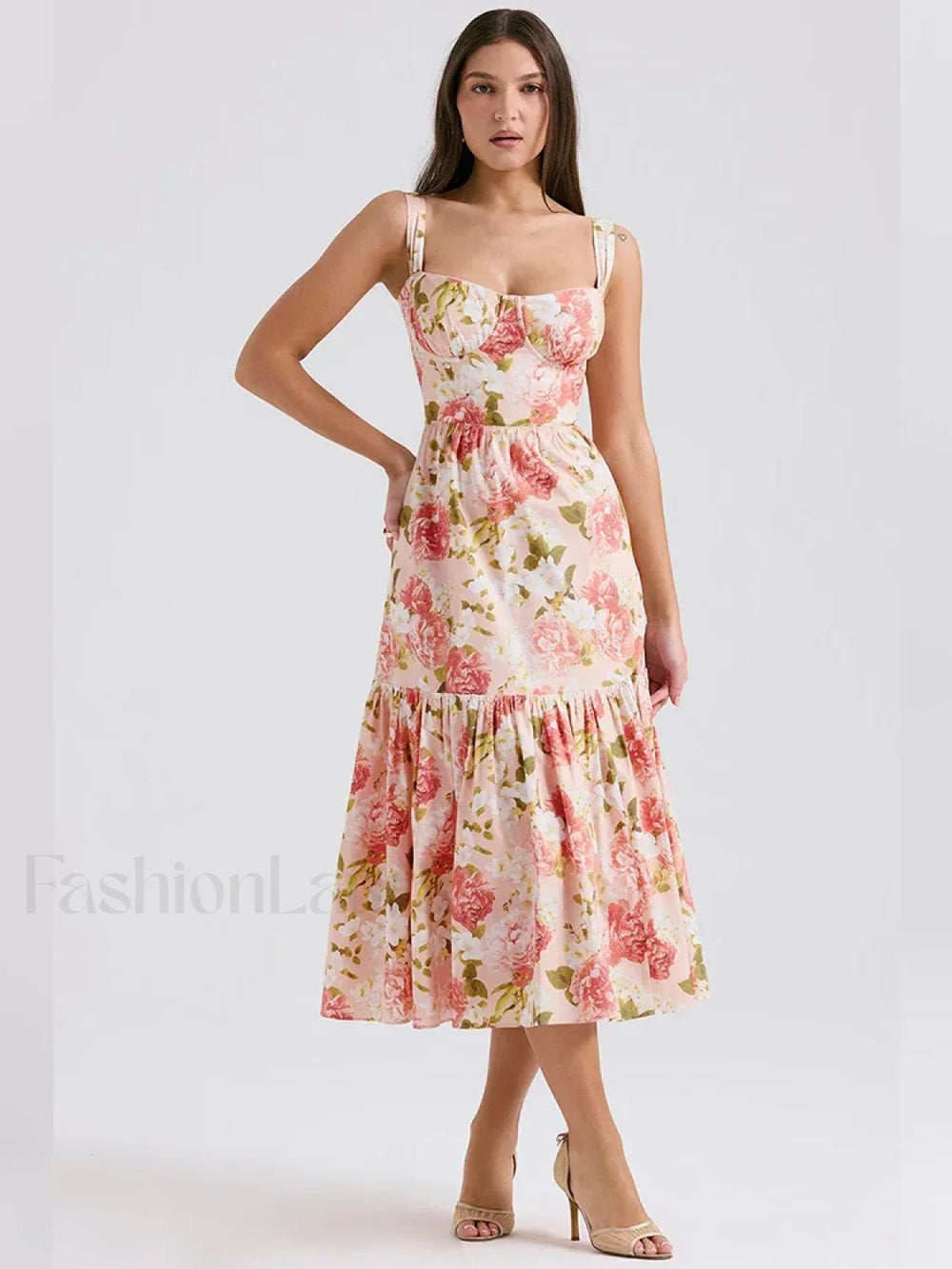 Strapless Bodycon Midi Floral Dress Pink / M