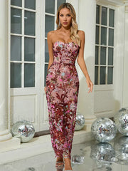 Strapless Embroidered Mesh Floral Dress