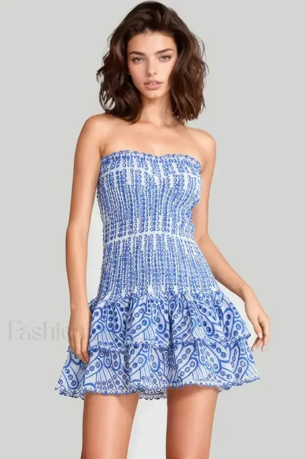 Strapless Flower Embroidery Mini Dress Blue / S