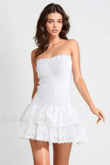 Strapless Flower Embroidery Mini Dress WHITE / S