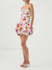 Strapless High Waist Floral Dress
