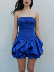 Strapless High Waist Floral Dress BLUE / S