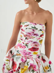 Strapless High Waist Floral Dress WHITE / S