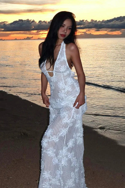 Strapless Jacquard Halter Bodycon Maxi Dress