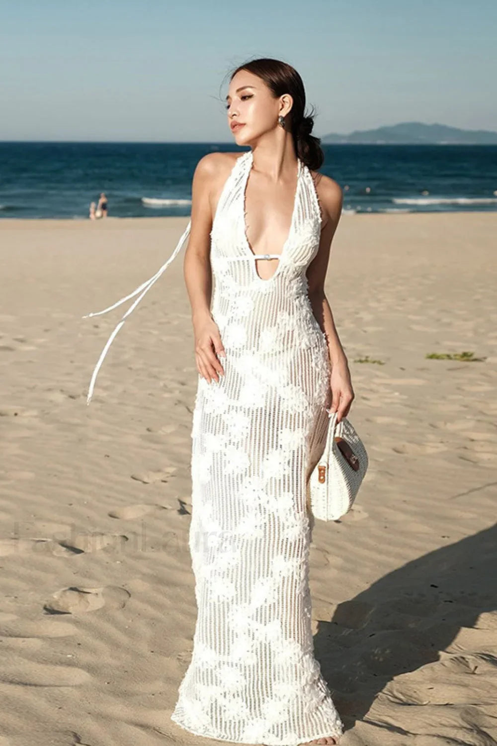 Strapless Jacquard Halter Bodycon Maxi Dress White / S