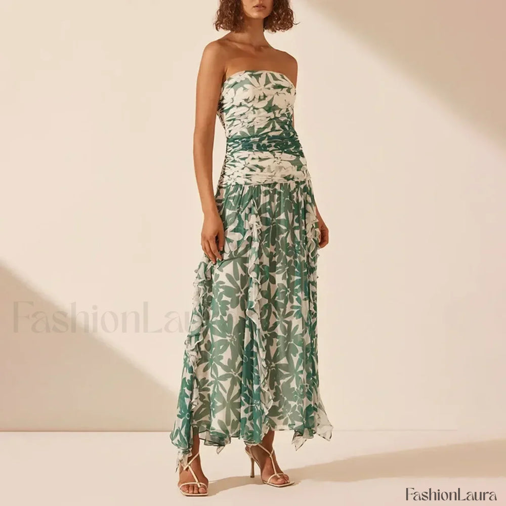 Strapless Pleated Chiffon Floral Dress