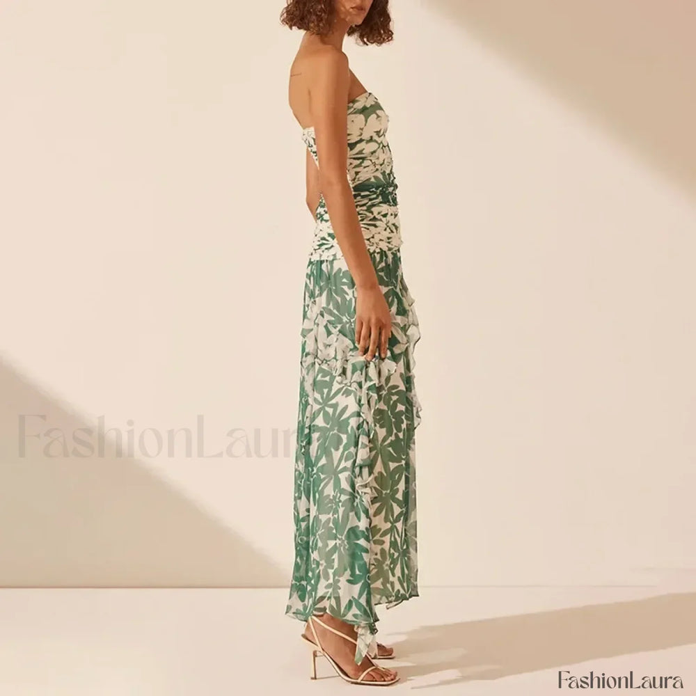 Strapless Pleated Chiffon Floral Dress
