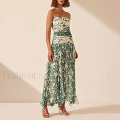 Strapless Pleated Chiffon Floral Dress