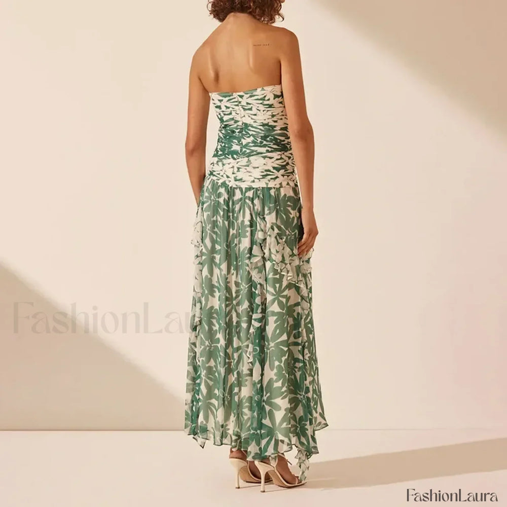 Strapless Pleated Chiffon Floral Dress