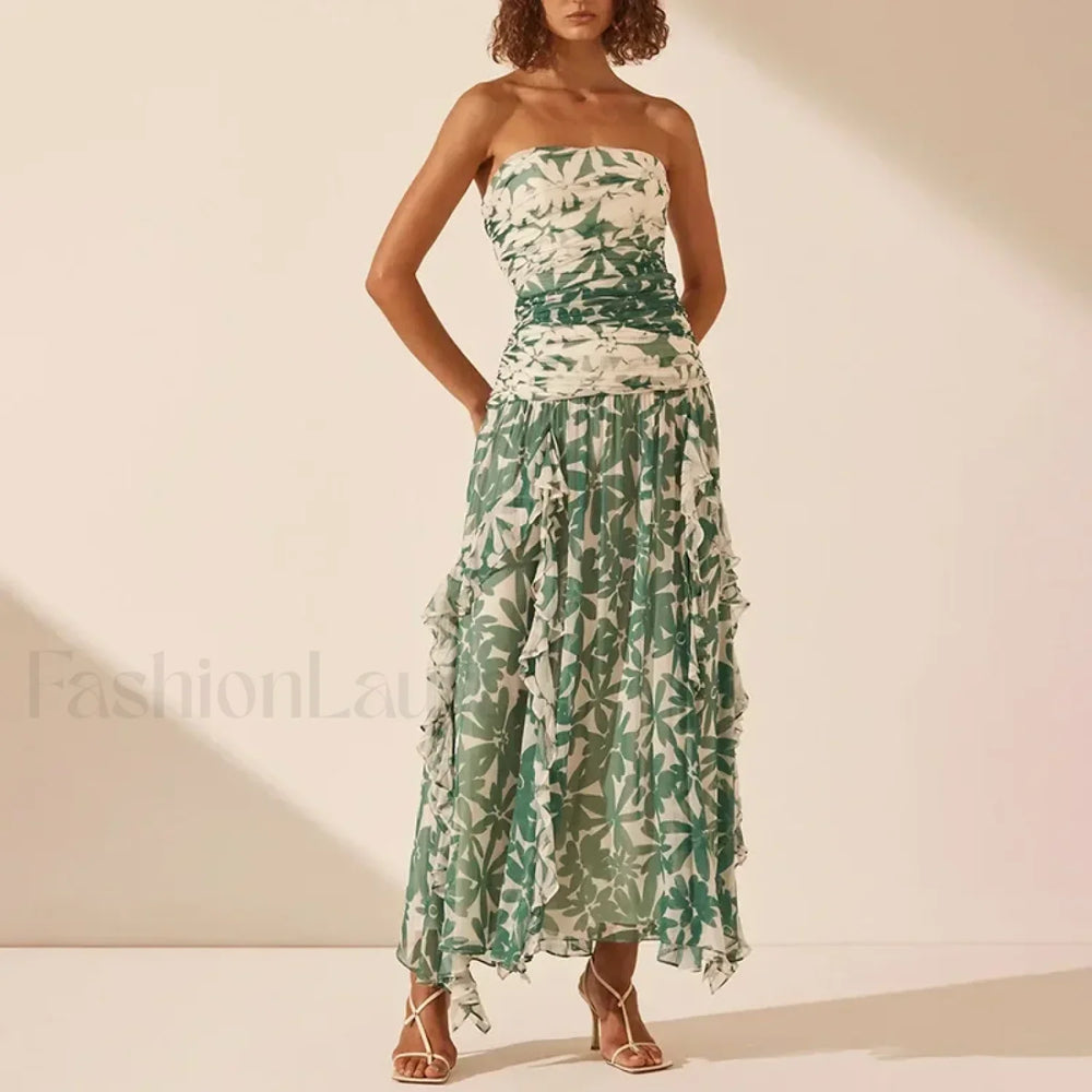 Strapless Pleated Chiffon Floral Dress Green / S