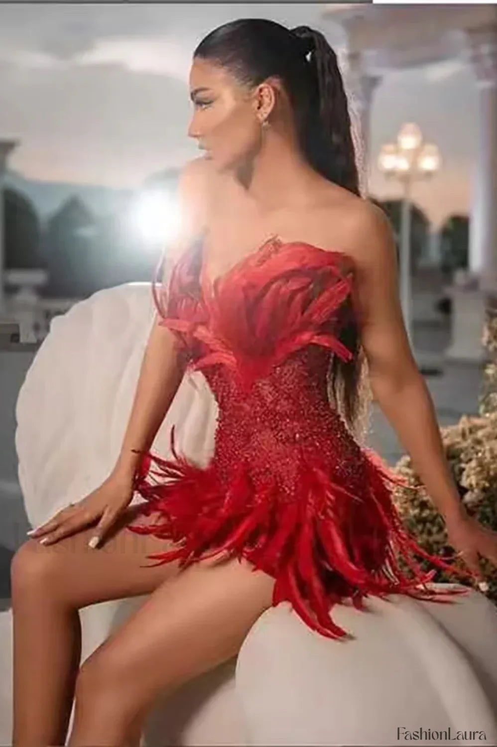 Strapless Sequin Feather Charming Embellished Mini Dress Party Dresses L