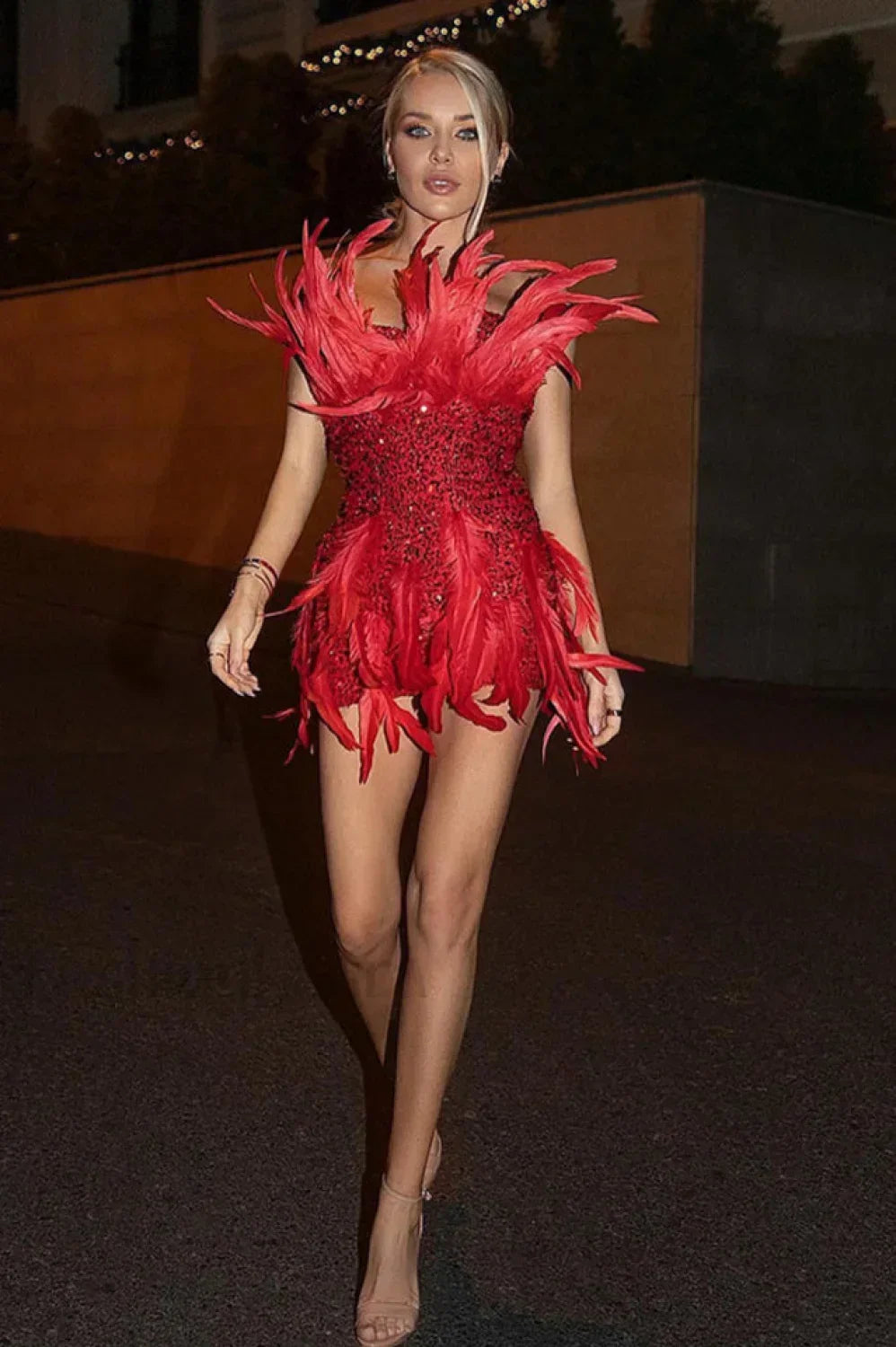 Strapless Sequin Feather Charming Embellished Mini Dress Party Dresses L