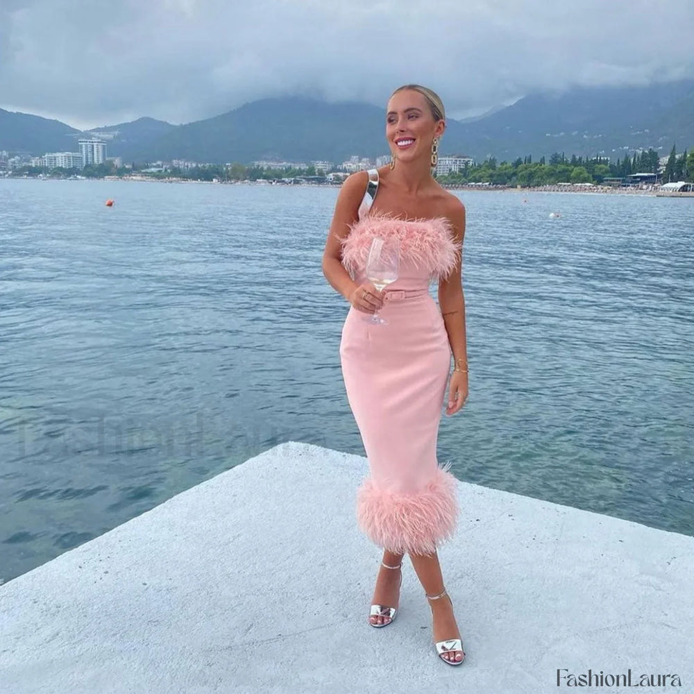 Strapless Slit Bodycon Cocktail Midi Dress Pink M / Pink Party Dresses L