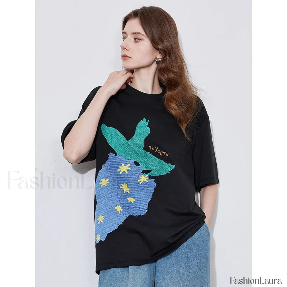 Strawberry Embroidered Loose T Shirt Black / S