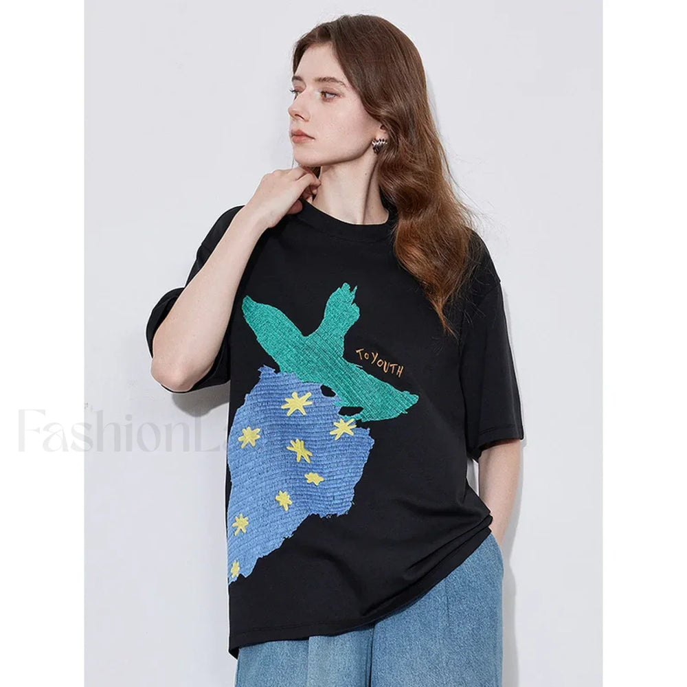 Strawberry Embroidered Loose T Shirt Black / S