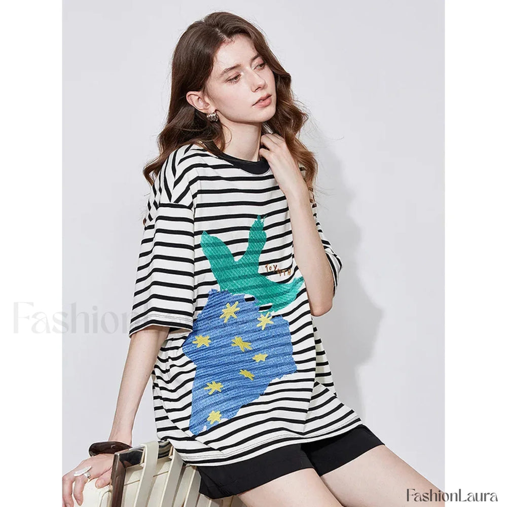 Strawberry Embroidered Loose T Shirt White / S