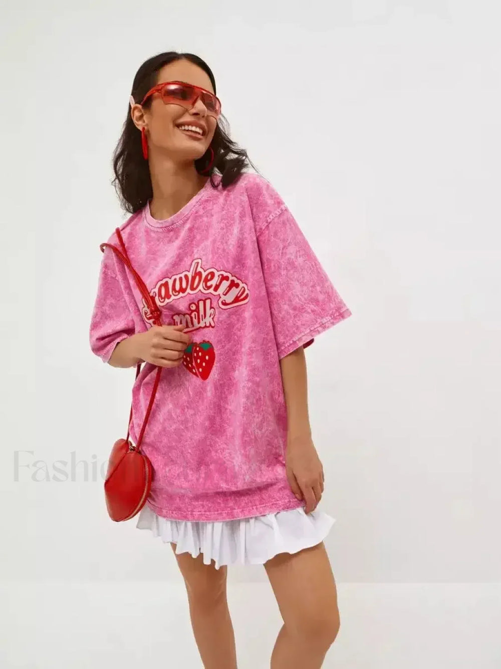 Strawberry Rose Red Print Oversized T Shirt