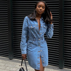 Street Style Long Sleeve Denim Midi Dress Blue L / Blue Denim Dresses
