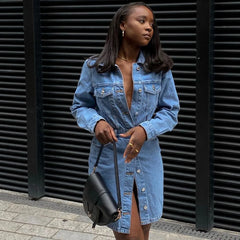 Street Style Long Sleeve Denim Midi Dress Blue S / Blue Denim Dresses