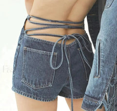 Streetwear Solid Lace Up High Waist Patchwork Pocket Short Blue / S