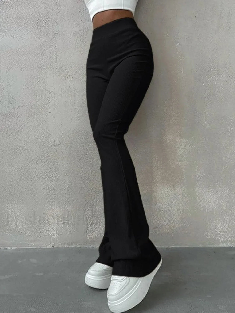 Stretchy Ribbed Flare Leg Pants Black / S Flare Leg Pants