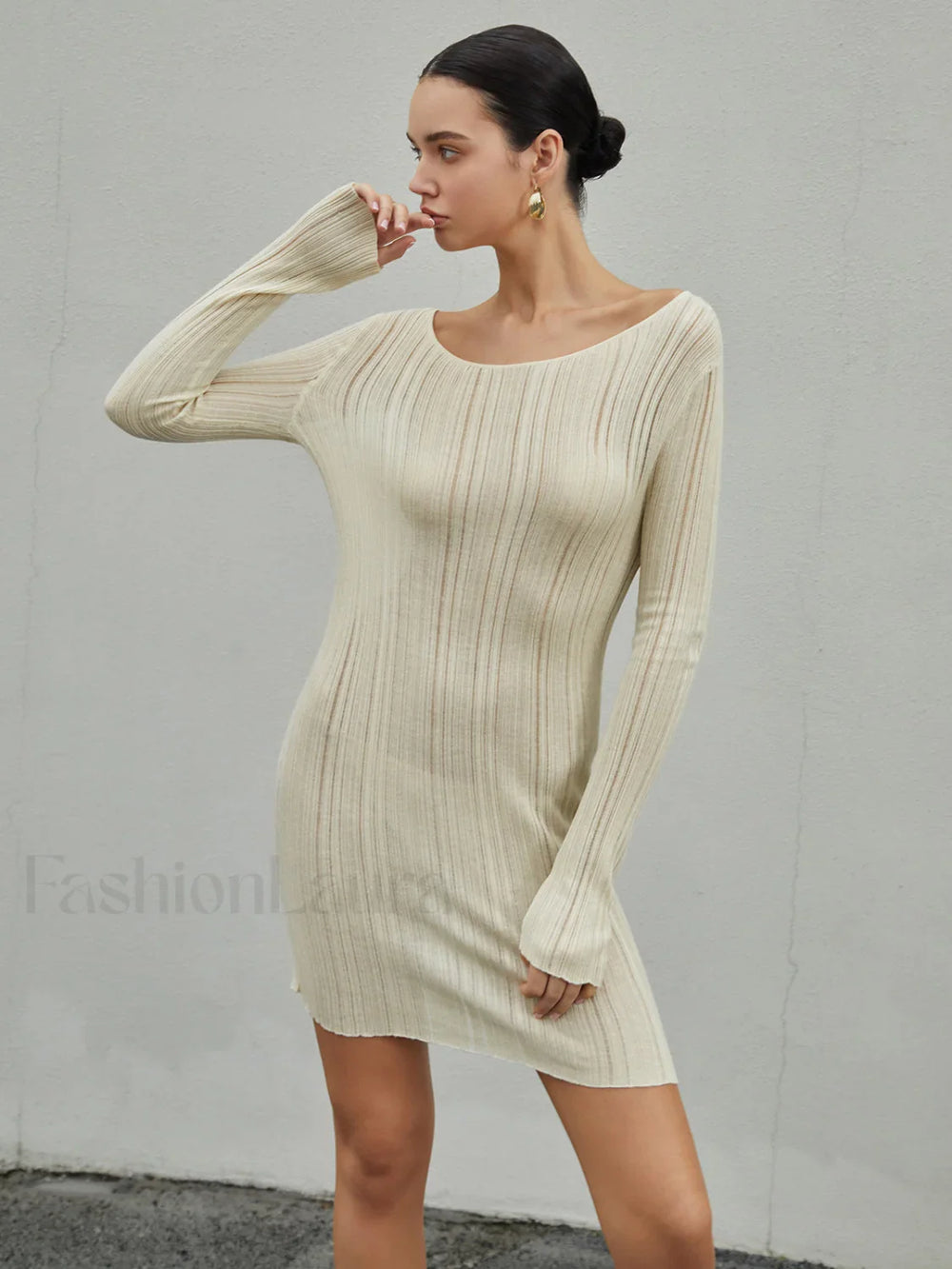 Strip Eyelet Texture Trendy Sweater Short Dress Sweaters L