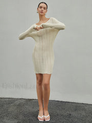 Strip Eyelet Texture Trendy Sweater Short Dress Sweaters L