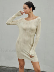 Strip Eyelet Texture Trendy Sweater Short Dress Sweaters L