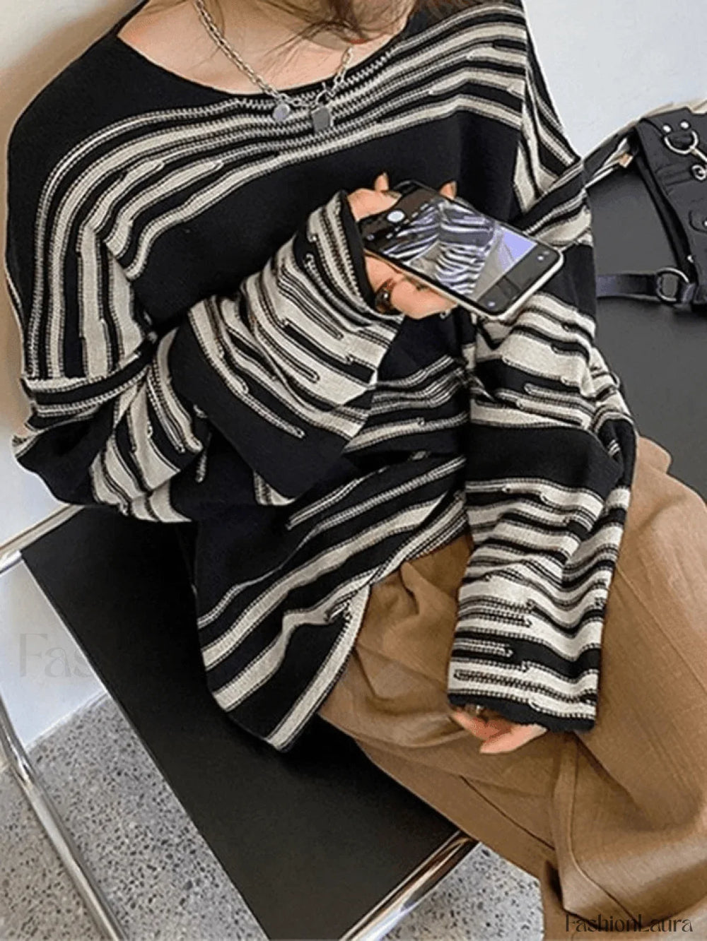 Stripe Jumper Knit Sweater Black / ONE SIZE Sweaters