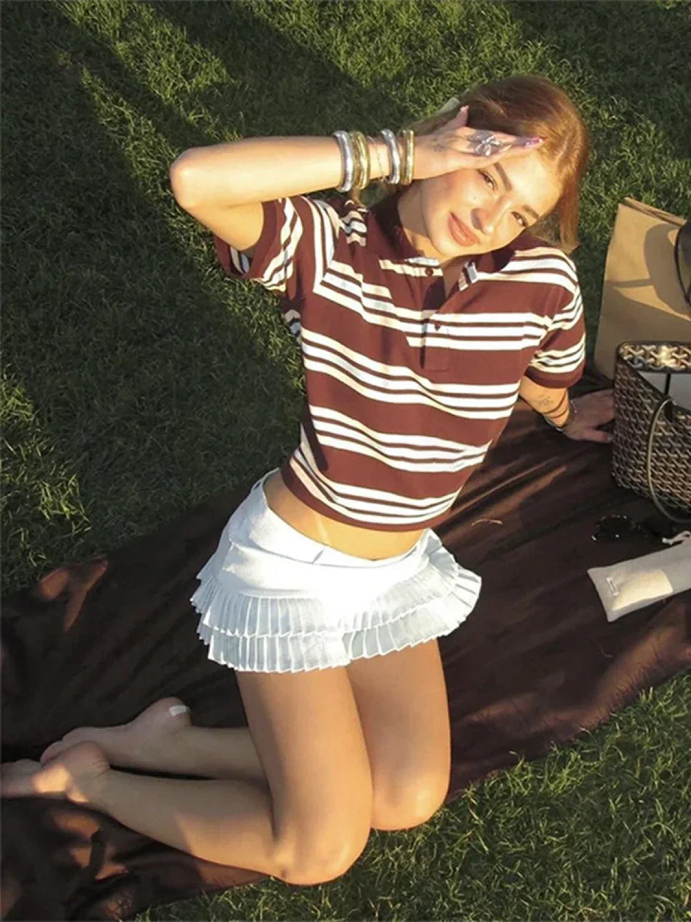 Stripe Polo Neck Loose Casual T Shirt