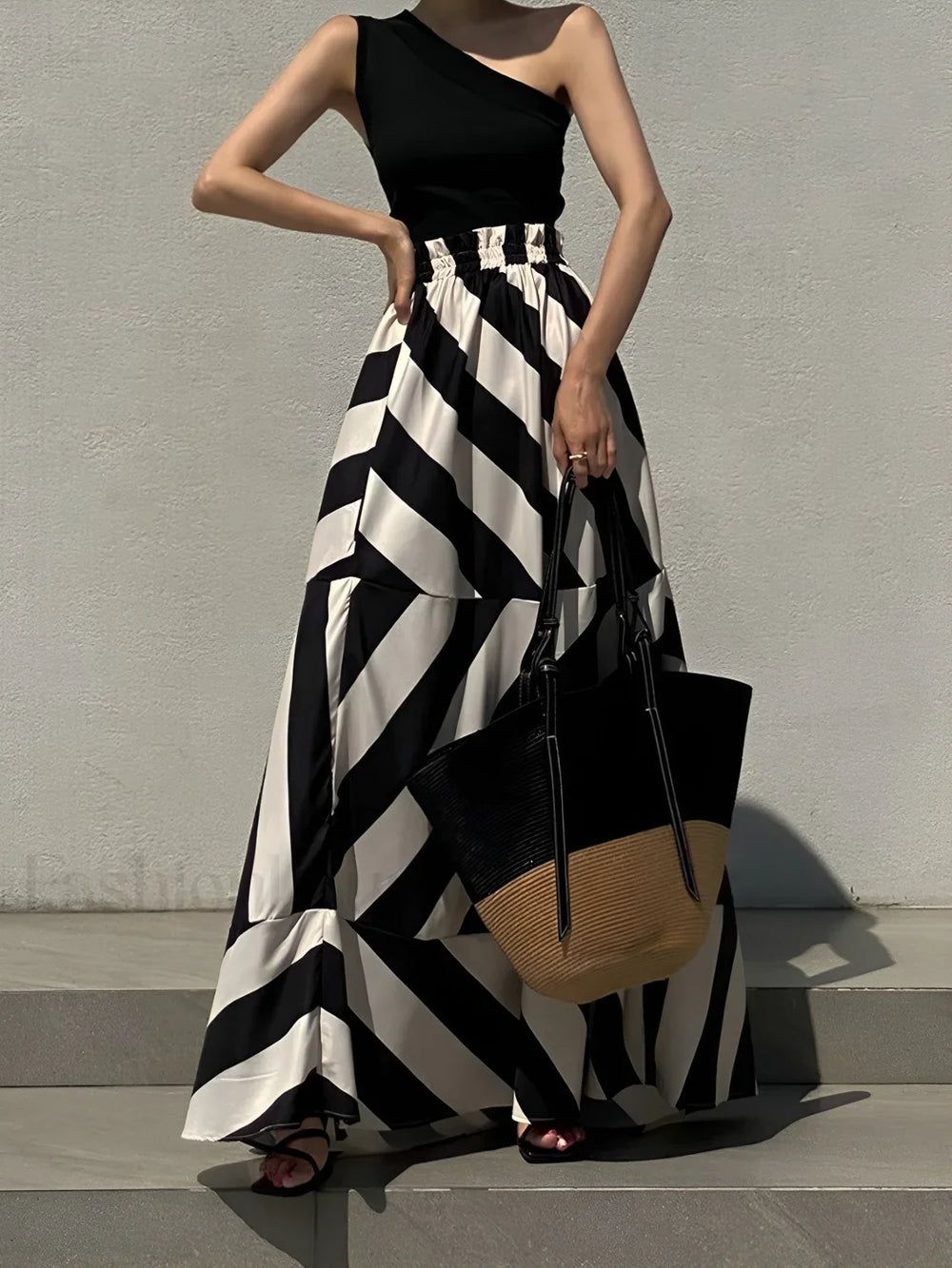 Stripe Print Graceful Long Skirt Skirts
