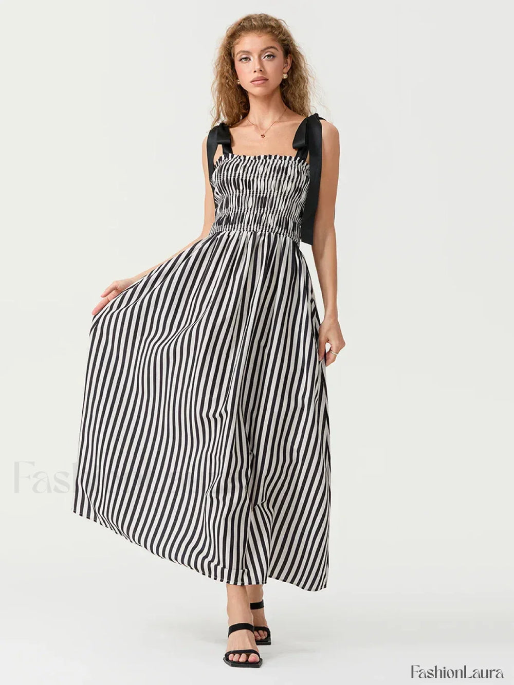 Striped Bow Shirred Maxi Dress