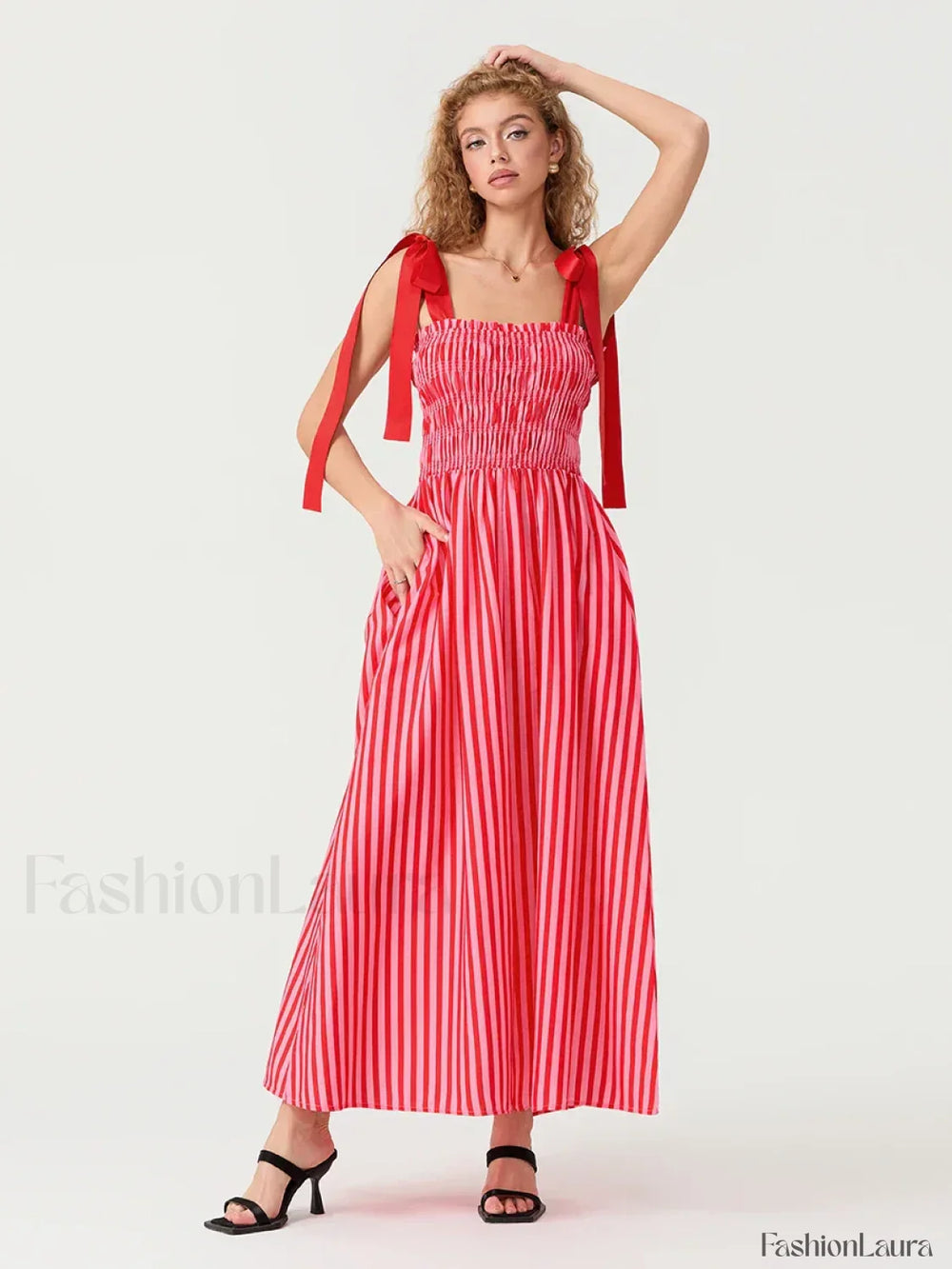 Striped Bow Shirred Maxi Dress