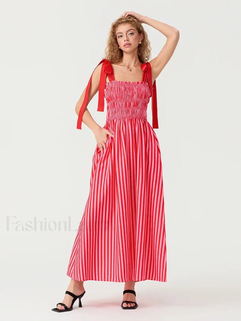 Striped Bow Shirred Maxi Dress
