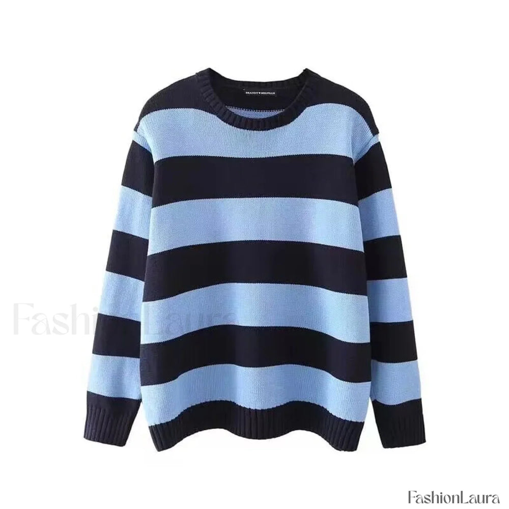 Striped Crew Neck Knit Sweater Black + Blue / ONE SIZE Sweaters