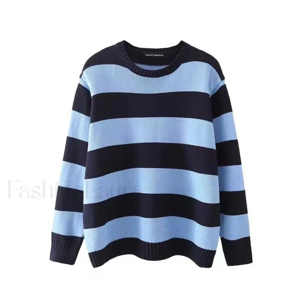 Striped Crew Neck Knit Sweater Black + Blue / ONE SIZE Sweaters