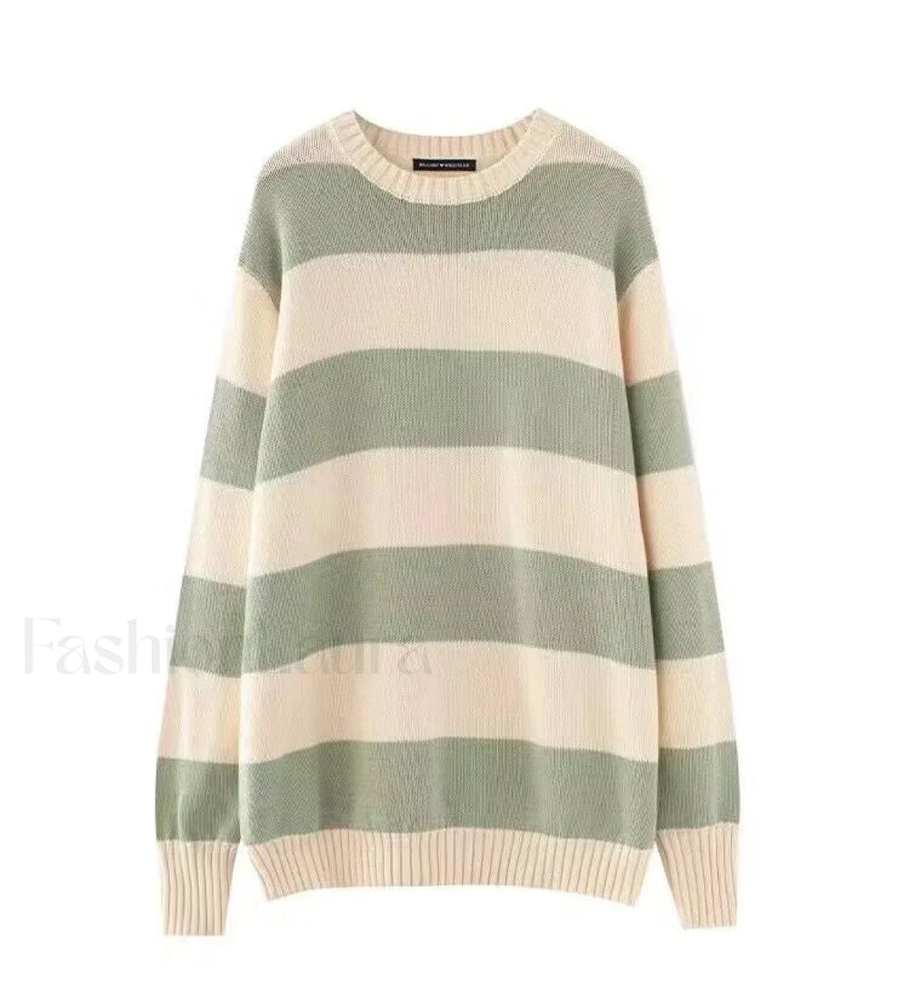 Striped Crew Neck Knit Sweater Green / ONE SIZE Sweaters