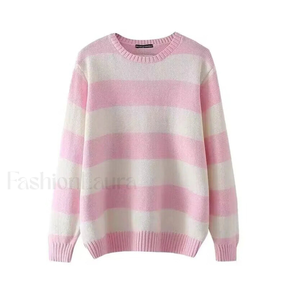 Striped Crew Neck Knit Sweater Pink / ONE SIZE Sweaters