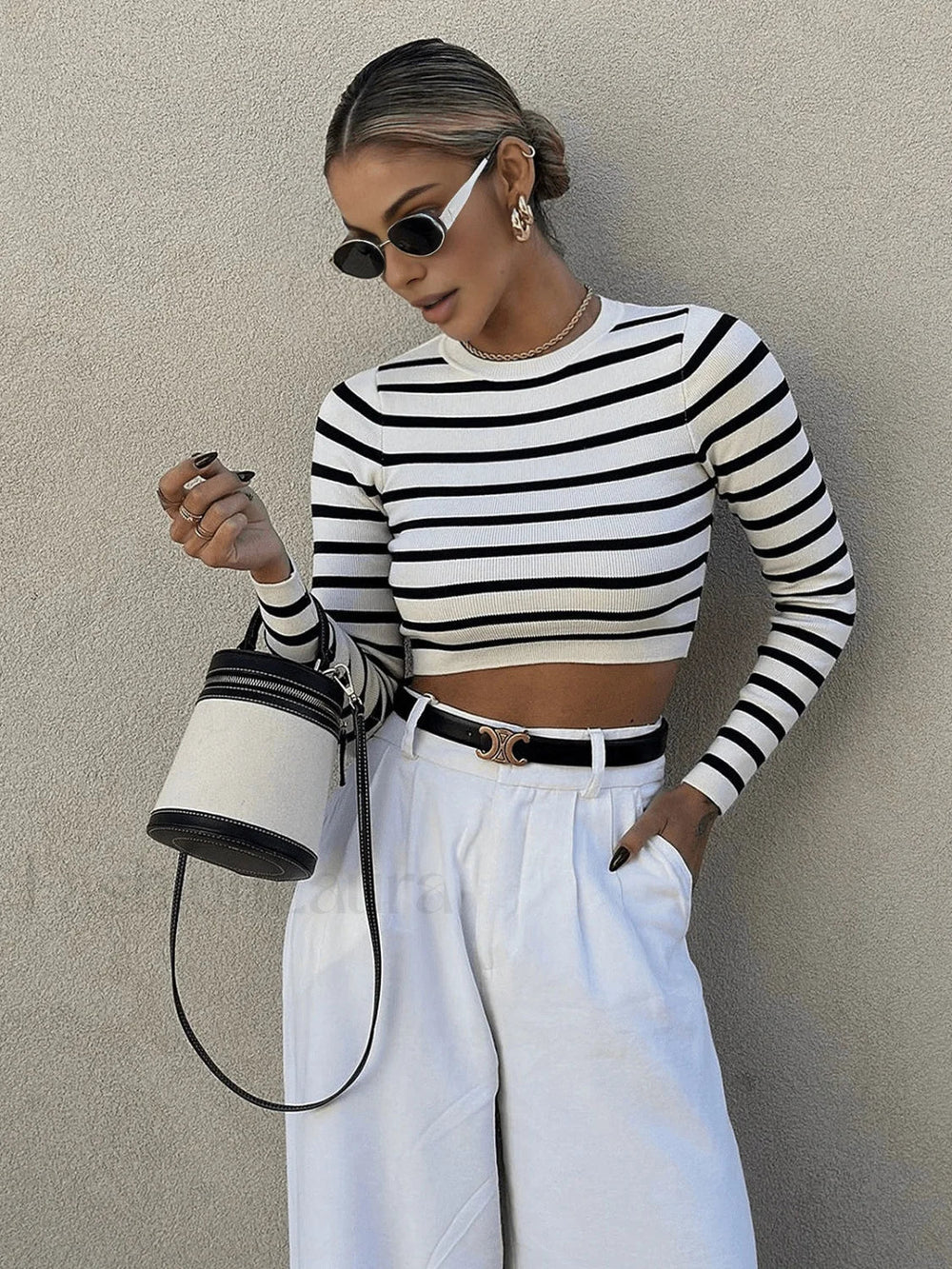 Striped Crop Bodycon Knit Top White / XS Knit Tops