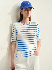Striped Embroidered Knit T Shirt