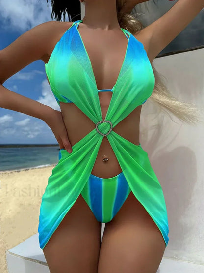 Striped Lace Mesh Bikini Three Piece Set GREEN AND BLUE / S