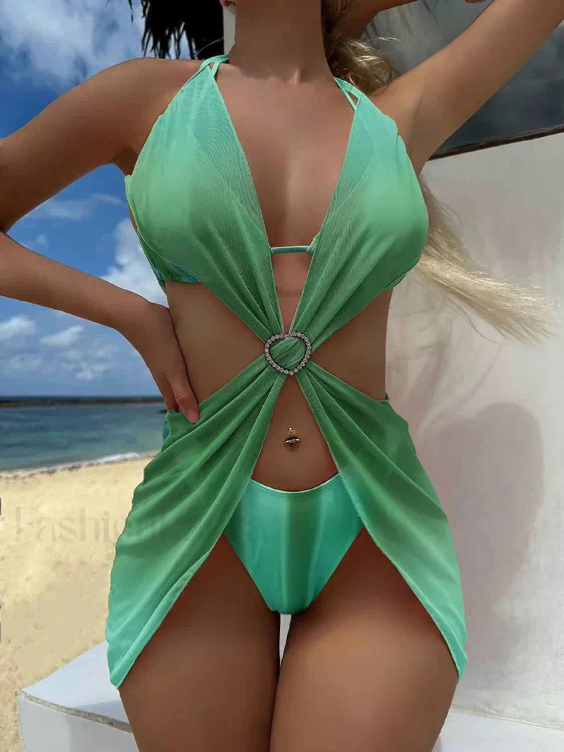Striped Lace Mesh Bikini Three Piece Set GREEN / S