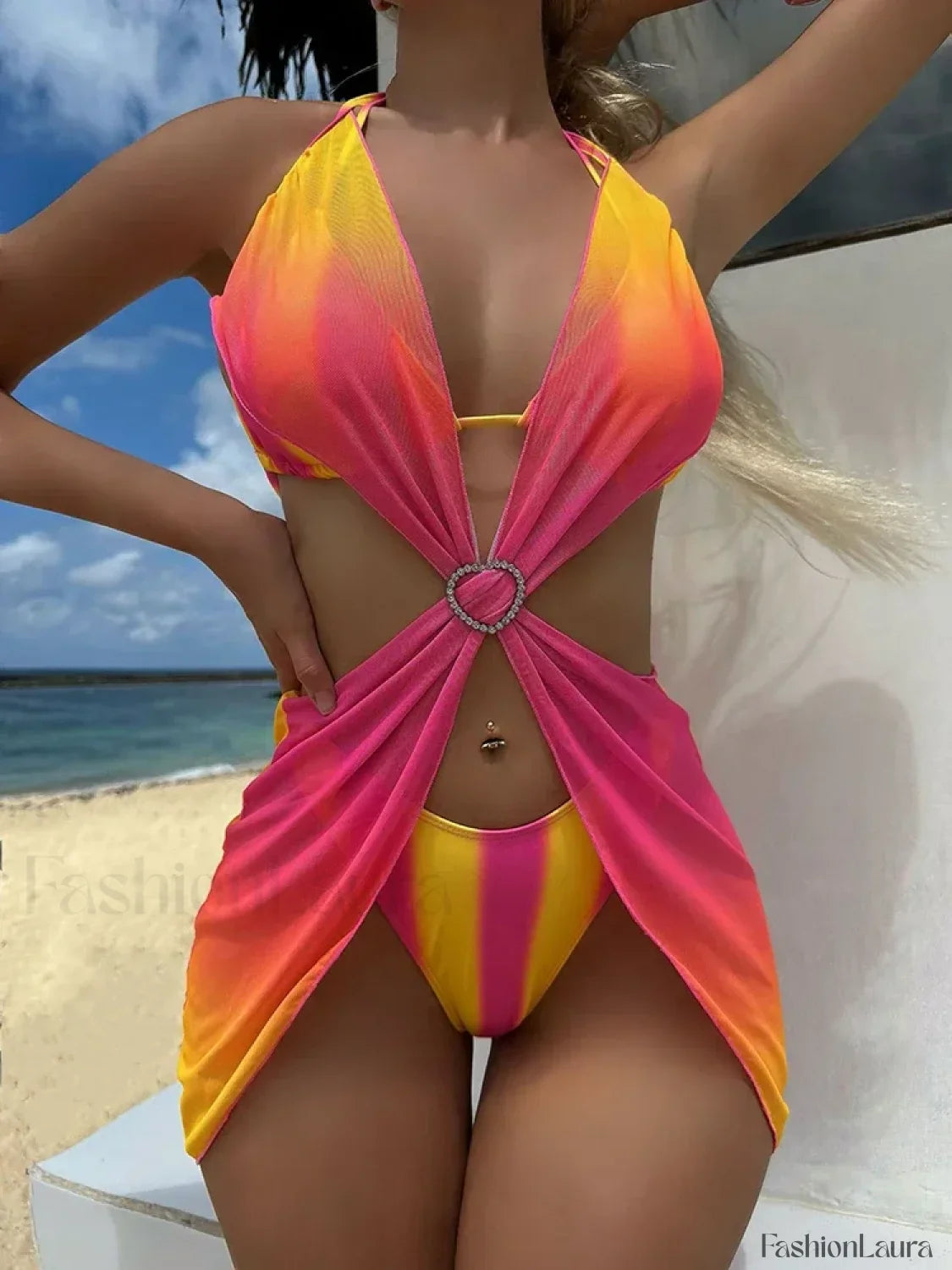 Striped Lace Mesh Bikini Three Piece Set YELLOW AND RED / S
