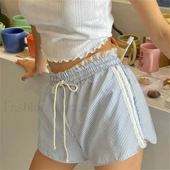 Striped Lace Trim Drawstring Elastic Waist Casual Summer Short Blue / S