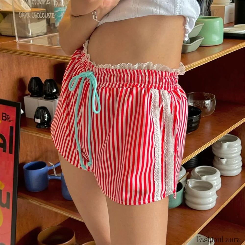 Striped Lace Trim Drawstring Elastic Waist Casual Summer Short Red / S